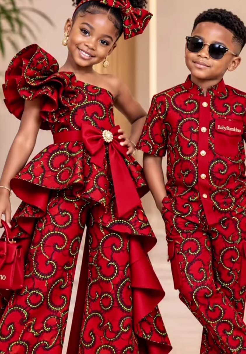 Kid lady and boy red outfit